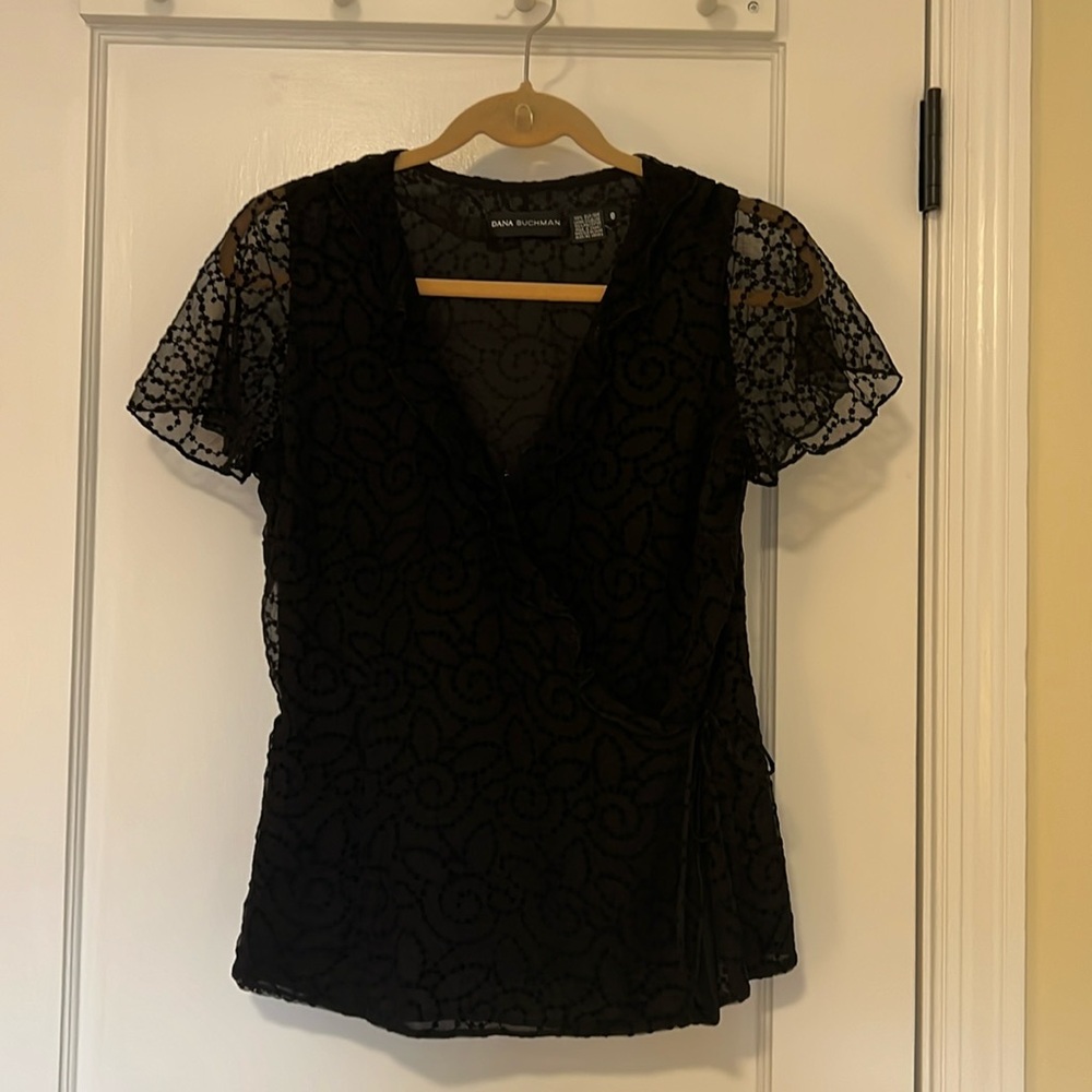 Dana Buchman black embroidered wrap top